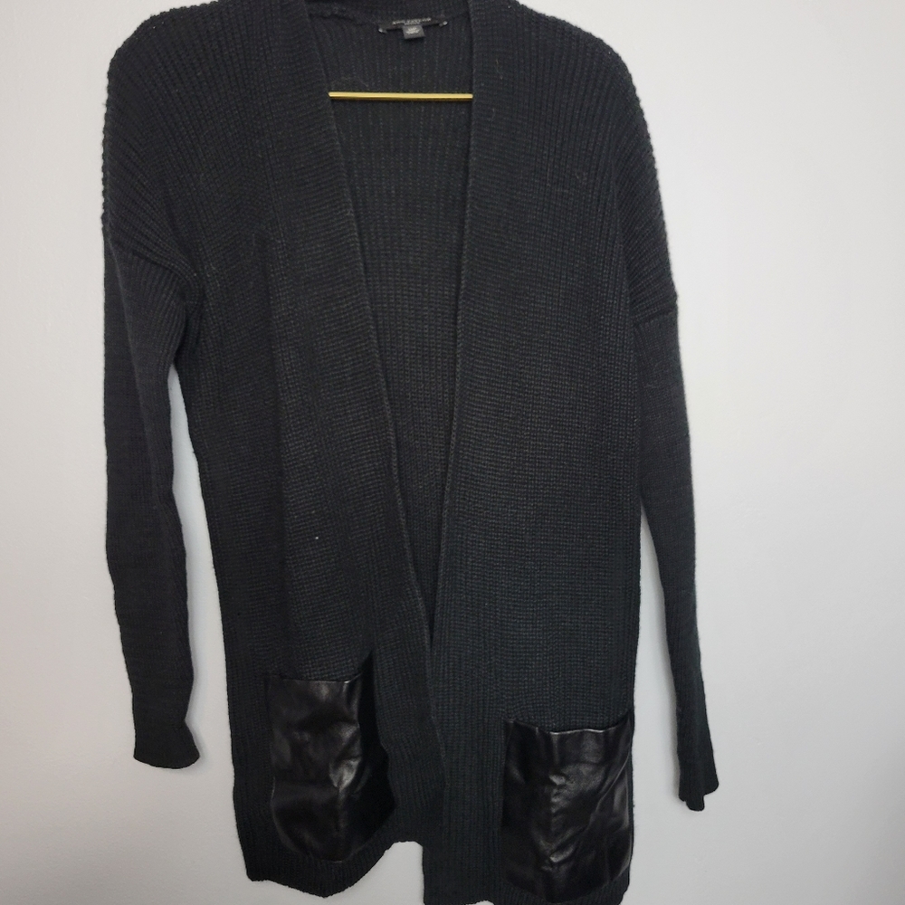 Medium Petite Ann Taylor Black Virgin Wool Blend Black Faux Leather Cardigan